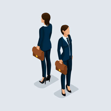 Isometric 3D people, business woman, of a corporate clothes, beautiful shoes, bag, hairstyle. Front view rear view isolated on a light background.のイラスト素材