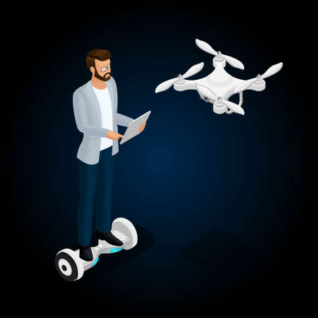 Isometric 3D people, drone quadrocopter, game sevremennaya, isometrics businessman. GyroScooter...