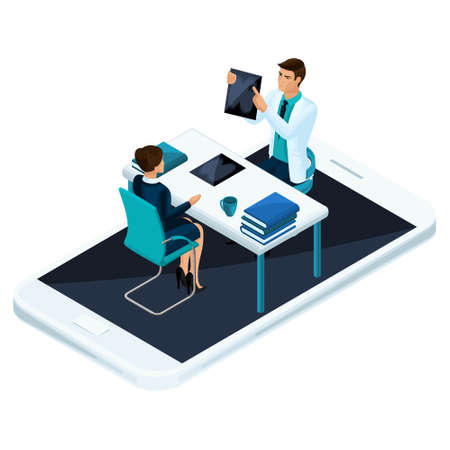 Isometric concept of online consultation of a qualified doctor and surgeon via mobile phone and social networks.のイラスト素材