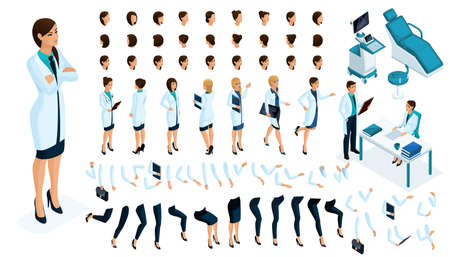 Isometric Constructor is a female doctor with a set of gestures and emotions. Create your character. Kit for ultrasound study.のイラスト素材
