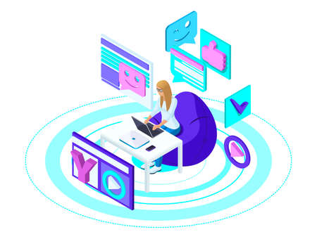 Isometry is a young girl with a smartphone, keeps her blog on the social network, records and watches video, talks to friends. Advertising concept.のイラスト素材