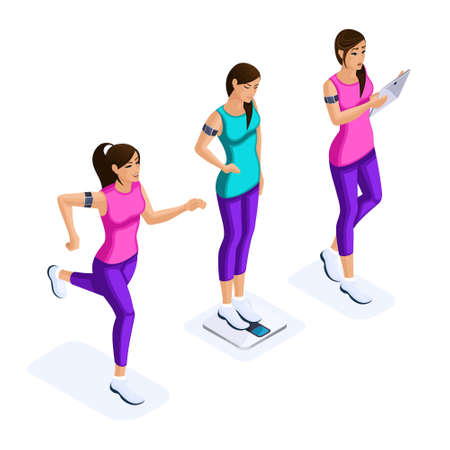 Isometry set of beautiful girls athletes, using modern gadgets, maintain health, healthy lifestyle, fitness, gymnastics, running in sneakers.のイラスト素材