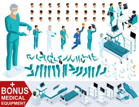 Isometrics create your character doctor, surgeon, sets of gestures of legs and hands, emotions. Bonus medical equipment.のイラスト素材