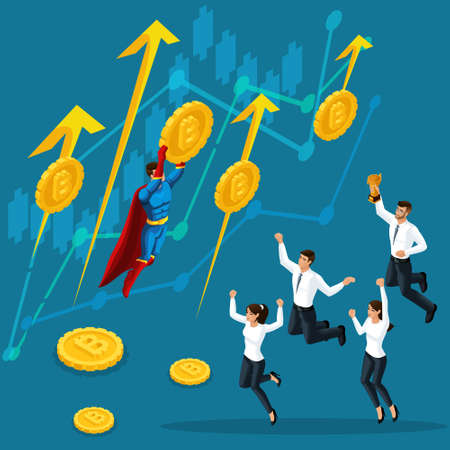 Isometry of the concept of growth of the crypto currency, superman helps the currency to move up, businessmen are amazed, jump, happy.のイラスト素材