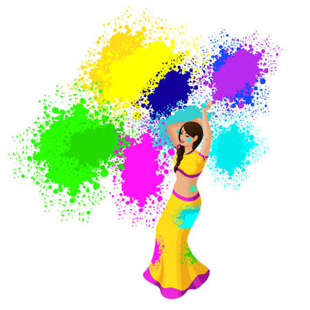 Isometry of a beautiful indian girl dancing on a holiday holi. Spring Festival, a festival of colors. Bright saris.のイラスト素材