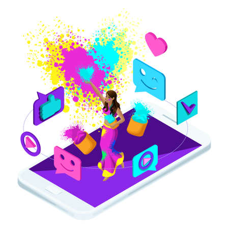 Isometric video Broadcast holiday Holi in India, blog, video, smileys, like, girl jumping casts...