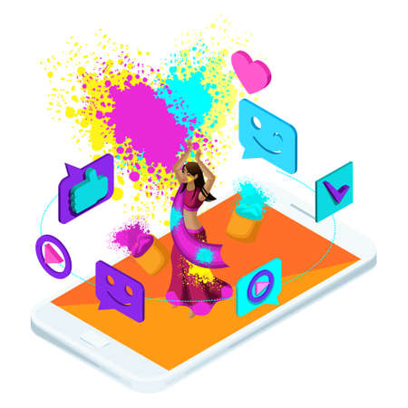 Isometric video Broadcast holiday Holi in India, blog, video, smileys, Laika, girl jumping is happy.のイラスト素材