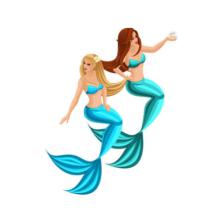 Isometry game concept cartoon, two beautiful mermaids with long hair, serena, girl, sea, tail. Isometric characters.のイラスト素材