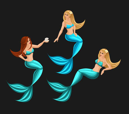 Isometry fairy characters on a dark background, beautiful mermaids, a bright set of characters set 2.のイラスト素材
