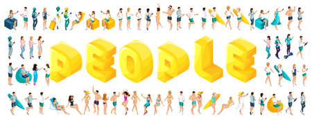 Isometric letters of people, a large set of teenagers in summer clothes and bathing suits, a girl of a man for any choice.の写真素材