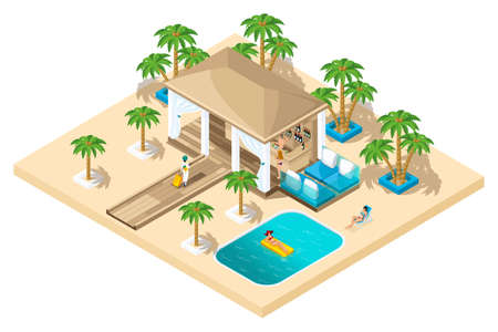 Isometric rest house, a girl with a suitcase from the plane goes to the reception, luxurious rest, palm trees, pool, sand.のイラスト素材