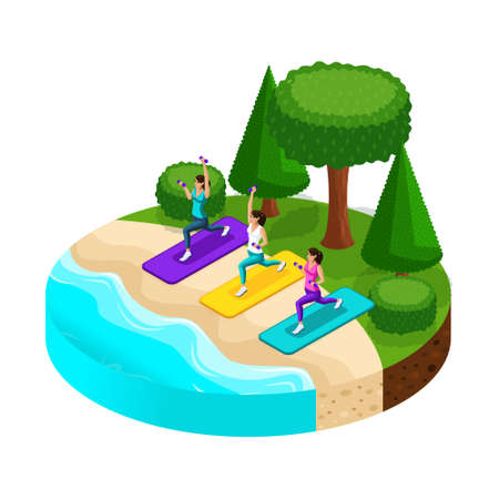 Isometry is an island with a beautiful beach, girls are engaged in sports on the beach, rivers, lakes. Healthy lifestyle.のイラスト素材