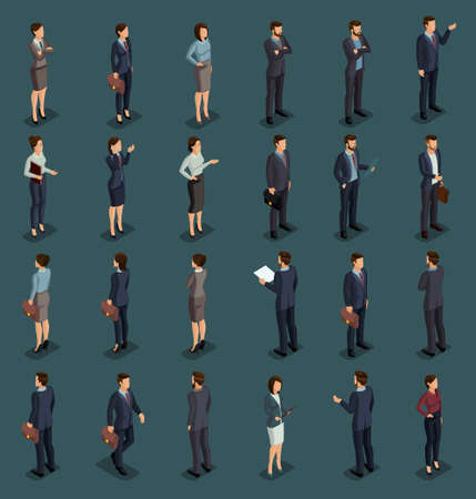 Isometric People Isometric businessmen, businessman and business woman, people in business suits during work, front view rear view isolated on a dark background. Vector illustration.のイラスト素材