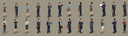 Isometric People businessmen, businessman and business woman, people in business suits during work, front view rear view isolated on a dark background. Vector illustration.のイラスト素材