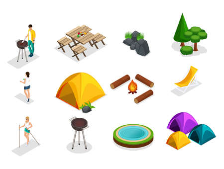 Isometric Set of camping icons, trees, tents, characters on vacation, campfire, Scandinavian walk, table, stones, lake.のイラスト素材
