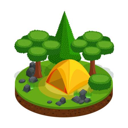 Isometric camping, outdoor recreation, tent, landscape for video games, beautiful design. Forest Stones Nature Freedom.のイラスト素材