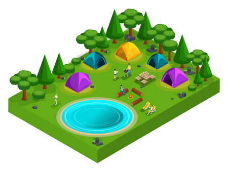 Isometric forest glade for camping, young people on vacation, bbq, shish kebab, fire, lake, Scandinavian walk, fishing. Summer holidays in the forest.のイラスト素材