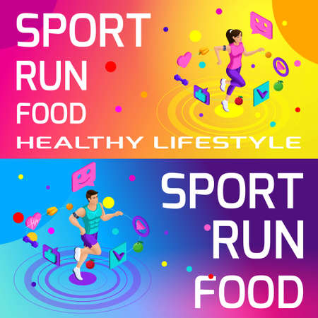 Isometry bright colorful banners on the theme of sport, healthy eating, healthy lifestyle. Running, sport, body beauty and sports figure.のイラスト素材