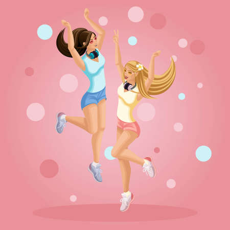 Isometrics young girls are happy, jumping, having fun, hair developing in the wind teenager, generation Z, bright background summer clothes.のイラスト素材