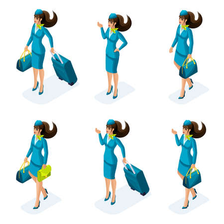 Isometry a set of girls of the stewardesses, beautiful clothes, suitcases for air travel. Travel, work, international airlines.のイラスト素材