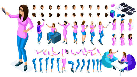 Big isometric Set of gestures of hands and feet of a girl 3D teenager, generation Z, a student doing selfi for social networks. Create your character for vector illustrations.のイラスト素材