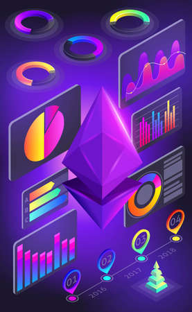 Isometric view of smartphone screen, holographic cryptocurrency Ethereum. Background of colorful diagrams, graphs, mining cryptocurrency, a report.のイラスト素材