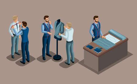 Isometric tailor, work with a client in a sewing workshop, cutting, dimensions, fitting of ready-made clothing. The entrepreneur working for himself, his own business.のイラスト素材