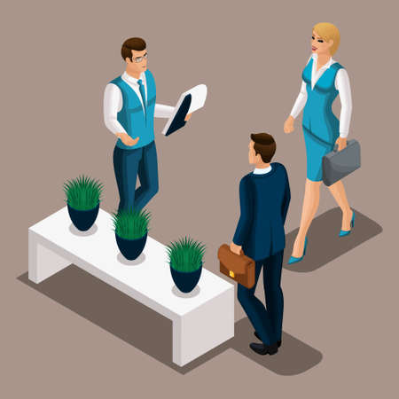 Isometric bank managers meet the client, the entrepreneur came for a loan to the bank. Loan in a bank to open a business.のイラスト素材