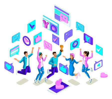 Isometrics teenagers jumping, bright design, generation Z, cool young people, phones, gadgets on a...