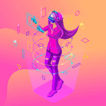 Isometric girl playing in a virtual game. The teenagers are generation Z with gadgets. Bright hair color, beautiful stylish colors on a colorful background.のイラスト素材