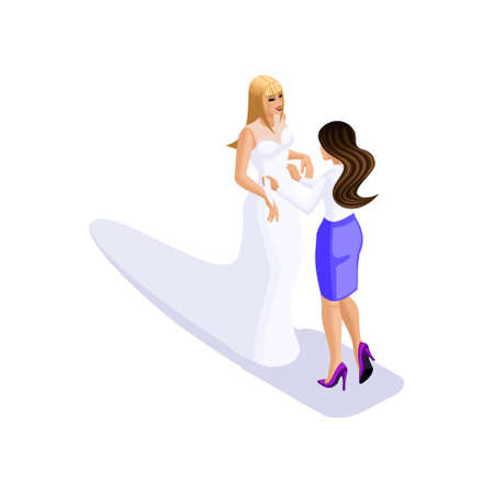 Isometrics woman preparing for the wedding, the bride on fitting the dresses in the sewing studio to create a wedding dress.のイラスト素材