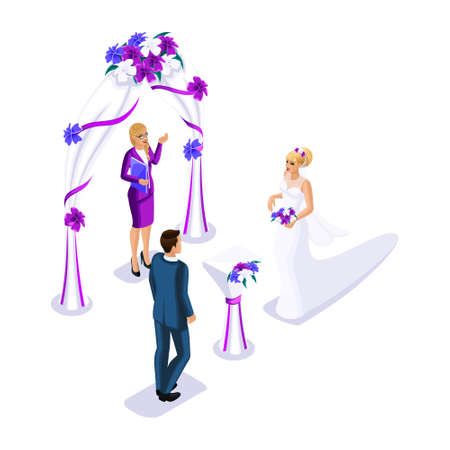 Isometrics visiting wedding ceremony, bride and groom registration of marriage, employee of registry office concludes marriage.のイラスト素材