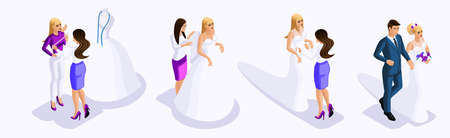 Isometry of a man and woman at the wedding, the bride and groom, preparation for the wedding, fitting the dress, sewing workshop, beautiful attire of the bride.のイラスト素材