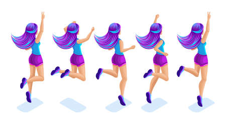 Isometrics girl jumping, having fun, happy with bright hair, stylish concept of magical hair, creative fashion hairstyle, rear view.のイラスト素材