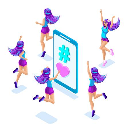 Isometrics the concept of communication in social networks, hashtag, young girl jumps, bright magical hair color, beautiful pink and blue colors.のイラスト素材