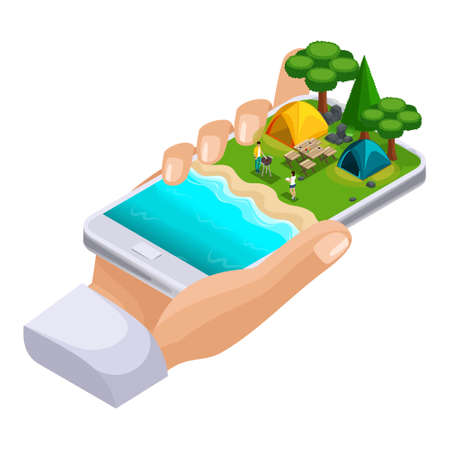 Isometric concept of outdoor recreation, shore of the lake, friends vacation on weekends, tents, barbecue, nature, forest, bonfire.のイラスト素材