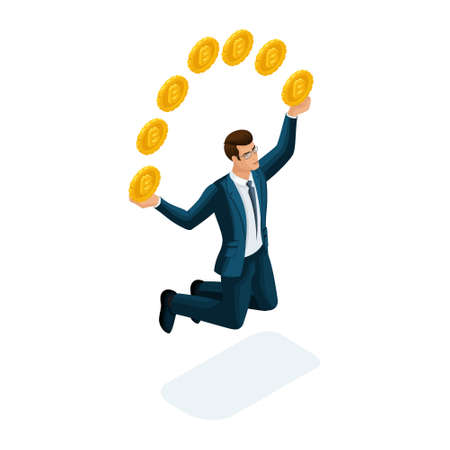 Isometric businessman is happy to throw up coins, jumping concept of a successful financial transaction with Bitcoin. Vector illustration of a financial investor.のイラスト素材