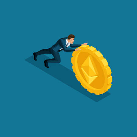 Isometric business men, superhero pushes a large coin of the Ethereum ico blockchain cryptocurrency...
