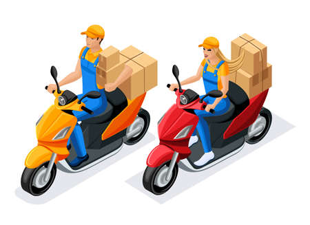 Isometric man and woman in uniform ride on scooters with cardboard boxes, the work of the delivery service. Delivery Concept. Fast delivery van. Delivery man.のイラスト素材