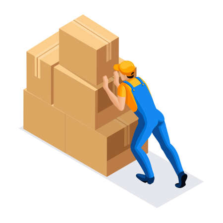 Isometric man in uniform pushes a large mountain of cardboard boxes, rear view. Warehouse Concept. 3D character of emotion. Vector illustration.のイラスト素材