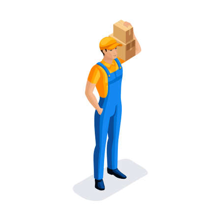 sometric man in uniform hold many cardboard boxes with orders. Fast delivery van. Delivery man. 3D character of emotion. Vector illustration.のイラスト素材
