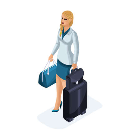 Isometric of a beautiful woman on a business trip, standing with her luggage. A beautiful business suit. Traveling business lady. Vector illustration.のイラスト素材