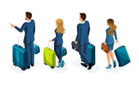 Isometric Set of beautiful business people and business woman on a business trip, with luggage at the airport, rear view. Traveling businessmen, business trip.の写真素材