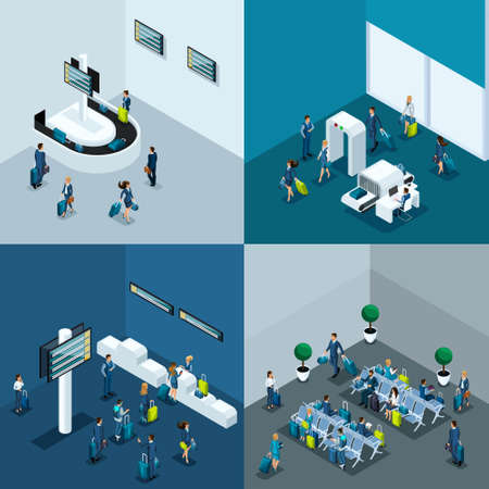 Isometric concept of airport operation, business trip, passport control, baggage claim, 4 concept situations. Great waiting room for the International Airport.のイラスト素材