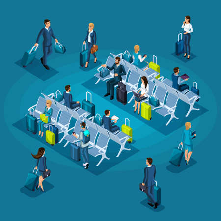 Isometric infographic concept of the waiting room of an international airport, transit zone, business ladies and businessmen on a business trip.のイラスト素材