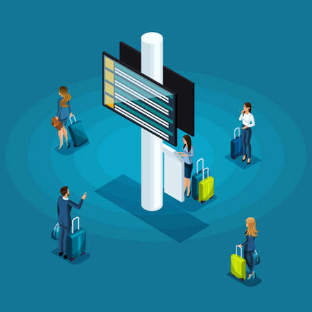 Isometric infographics concept of the waiting room of an international airport, business ladies and businessmen on a business trip.のイラスト素材