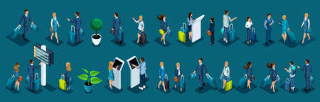 Isometric large set of international airport passengers, business ladies and businessmen on a business trip, passengers with luggage.のイラスト素材