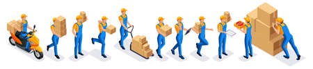Isometric set of male couriers, delivery service. Guy courier runs, edits on the moped during the...