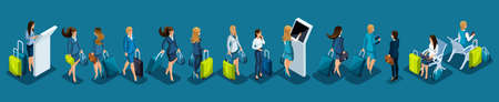 Isometric set of international airport icons, passengers, business lady with luggage on a business trip, transit zone, air line.のイラスト素材