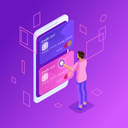 Isometric colorful concept of managing online credit cards, online bank account, man transferring money from card to card using smartphone.のイラスト素材